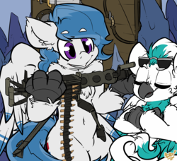 Size: 1368x1245 | Tagged: safe, artist:bbsartboutique, oc, oc only, oc:blue, oc:delta dart, griffon, hippogriff, arrow, bow (weapon), bow and arrow, gun, smiling, smug, sunglasses, weapon