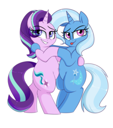 Size: 1600x1800 | Tagged: safe, artist:notenoughapples, starlight glimmer, trixie, pony, unicorn, g4, belly button, bipedal, cute, diatrixes, female, glimmerbetes, holding hooves, lesbian, raspberry, ship:startrix, shipping, simple background, tongue out, transparent background