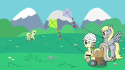 Size: 2926x1646 | Tagged: safe, artist:dinkyuniverse, apple honey, apple mint, derpy hooves, jinx, pony, g4, bandage, chest fluff, cute, disabled, female, field, grass field, kite, mother and daughter, playing, trotting, unshorn fetlocks, wheelchair