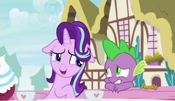 Size: 1280x738 | Tagged: safe, screencap, spike, starlight glimmer, dragon, pony, unicorn, g4, triple threat, cup, cute, daaaaaaaaaaaw, female, floppy ears, glimmerbetes, grin, looking at you, male, mare, open mouth, smiling, spikabetes, teacup