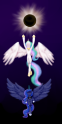 Size: 800x1600 | Tagged: safe, artist:timid tracks, princess celestia, princess luna, alicorn, pony, g4, eclipse, female, magic, mare, royal sisters, sisters, spread wings, wings