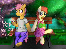 Size: 2000x1500 | Tagged: safe, artist:kruszynka25, oc, oc only, pony, blushing, book, cellphone, clothes, female, looking at each other, male, mare, park, phone, river, shy, smartphone, stallion, tree, your character here