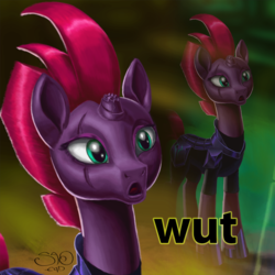 Size: 1280x1280 | Tagged: safe, artist:saoeqd, tempest shadow, pony, unicorn, g4, my little pony: the movie, armor, broken horn, concave belly, female, horn, mare, open mouth, reaction image, slender, solo, thin, wut face