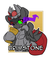 Size: 2100x2400 | Tagged: safe, artist:bbsartboutique, oc, oc only, oc:brimstone, pegasus, pony, armor, badge, con badge, glowing eyes, goblet, high res