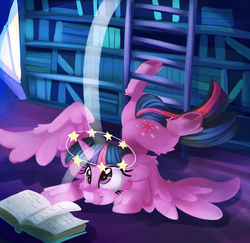 Size: 2000x1944 | Tagged: safe, artist:discorded, twilight sparkle, alicorn, pony, g4, atg 2017, book, bookshelf, circling stars, dizzy, face down ass up, fell, female, knocked silly, ladder, mare, newbie artist training grounds, ouch, purple smart, silly, silly pony, solo, that pony sure does love books, twilight sparkle (alicorn), twilight's castle, underhoof
