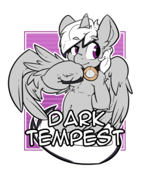 Size: 2100x2400 | Tagged: safe, artist:bbsartboutique, oc, oc only, oc:dark tempest, alicorn, pony, badge, con badge, goggles, high res