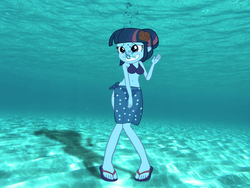 Size: 3072x2304 | Tagged: safe, artist:sb1991, part of a set, twilight sparkle, equestria girls, g4, beach, belly button, bikini, clothes, embarrassed, high res, part of a series, sarong, story included, swimsuit, underwater, underwater eqg series, waving