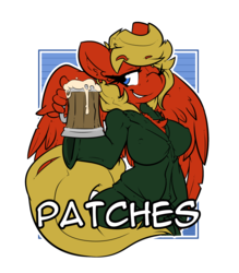 Size: 2100x2400 | Tagged: safe, artist:bbsartboutique, oc, oc only, oc:patches, pegasus, anthro, alcohol, badge, bathrobe, beer, chest fluff, clothes, con badge, high res, robe, rule 63