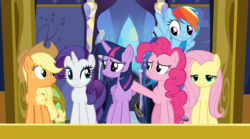 Size: 1440x803 | Tagged: safe, screencap, applejack, fluttershy, pinkie pie, rainbow dash, rarity, twilight sparkle, alicorn, pony, fame and misfortune, g4, female, mane six, smiling, twilight sparkle (alicorn)