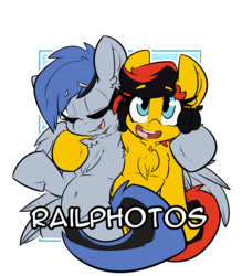 Size: 2100x2400 | Tagged: safe, artist:bbsartboutique, oc, oc only, oc:acela, oc:southern belle, earth pony, pegasus, pony, armpits, badge, biologically justified underarm fluff, bobcut, camera shot, chest fluff, con badge, high res, side hug, simple background, transparent background