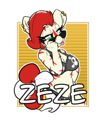 Size: 2100x2400 | Tagged: safe, artist:bbsartboutique, oc, oc only, oc:zeze, zebra, anthro, badge, belly button, bikini, clothes, con badge, high res, stripes, sunglasses, swimsuit