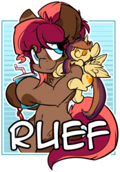 Size: 1484x2128 | Tagged: safe, artist:bbsartboutique, oc, oc only, oc:lessi, oc:ruef, earth pony, pony, badge, drink, plushie, straw