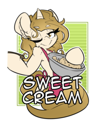 Size: 2100x2400 | Tagged: safe, artist:bbsartboutique, oc, oc only, oc:sweet cream, pony, unicorn, apron, badge, baking, clothes, con badge, cooking, eyebrows, eyebrows visible through hair, female, high res, mare, one eye closed, spoon, text, wink