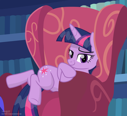 Size: 2401x2192 | Tagged: safe, artist:shutterflyeqd, twilight sparkle, alicorn, pony, g4, triple threat, book, bookshelf, chair, female, high res, looking at you, mare, scene interpretation, smiling, solo, that pony sure does love chairs, twilight sparkle (alicorn)