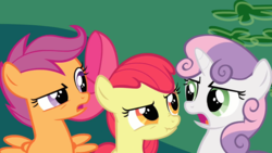 Size: 1874x1054 | Tagged: safe, screencap, apple bloom, scootaloo, sweetie belle, earth pony, pony, g4, hearts and hooves day (episode), my little pony: friendship is magic, cutie mark crusaders, hearts and hooves day, scrunchy face