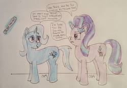 Size: 1655x1146 | Tagged: safe, artist:rapidsnap, starlight glimmer, trixie, pony, unicorn, g4, bad pun, baseball bat, dialogue, disproportionate retribution, female, imminent abuse, lesbian, levitation, lidded eyes, looking at each other, magic, nose wrinkle, pun, scrunchy face, ship:startrix, shipping, smiling, telekinesis, traditional art, unamused