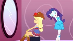 Size: 640x357 | Tagged: safe, screencap, applejack, rarity, eqg summertime shorts, equestria girls, g4, make up shake up, arm behind back, bare shoulders, boots, clothes, dress, eyes closed, fall formal outfits, female, flower, hat, mirror, rose, shipping fuel, shoes, sitting, sleeveless, standing, strapless