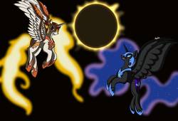 Size: 1250x850 | Tagged: safe, artist:hauntydraws, daybreaker, nightmare moon, alicorn, pony, g4, black background, duo, duo female, eclipse, female, fight, mare, simple background, solar eclipse