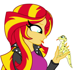 Size: 800x752 | Tagged: safe, artist:cbear624, ray, sunset shimmer, gecko, leopard gecko, eqg summertime shorts, equestria girls, g4, pet project, clothes, looking at each other, simple background, smiling, tongue out, transparent background