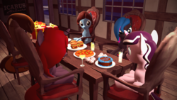 Size: 1920x1080 | Tagged: safe, artist:razethebeast, oc, oc only, oc:curse word, oc:magpie, pony, unicorn, 3d, burger, cake, chair, drink, female, food, glasses, mare, pizza, smiling, source filmmaker, table