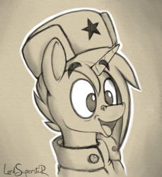 Size: 650x710 | Tagged: safe, artist:lordsuperstar, oc, oc only, oc:mendorato, pony, unicorn, bust, clothes, equestria, hat, monochrome, open mouth, ponyville, portrait, soldier pony, solo, ushanka