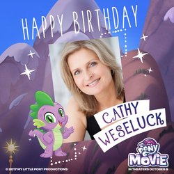 Size: 1200x1200 | Tagged: safe, spike, dragon, human, g4, my little pony: the movie, cathy weseluck, happy birthday, irl, irl human, my little pony logo, photo