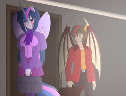 Size: 3139x2388 | Tagged: safe, artist:pyrus-leonidas, twilight sparkle, oc, human, g4, blushing, clothes, cute, dragon wings, eared humanization, high res, horn, horned humanization, humanized, pants, purse, tailed humanization, winged humanization