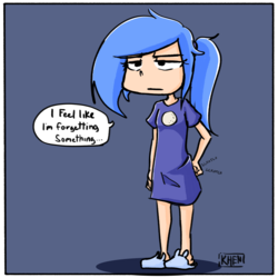 Size: 2194x2194 | Tagged: safe, artist:kprovido, princess luna, human, g4, clothes, dialogue, female, high res, humanized, nightgown, pajamas, scratching, simple background, solo, waking up