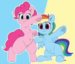 Size: 5000x4300 | Tagged: dead source, safe, artist:pabbley, pinkie pie, rainbow dash, pony, g4, absurd resolution, armpits, belly button, bipedal, chest fluff, cute, dashabetes, diapinkes, female, humanoid torso, mare, pabbley is trying to murder us, pose, pubic fluff, pubic mound, underhoof