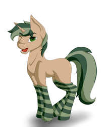 Size: 1575x1879 | Tagged: safe, artist:twigpony, oc, oc only, pony, unicorn, clothes, looking at you, male, one eye closed, open mouth, simple background, smiling, socks, solo, stallion, stockings, striped socks, thigh highs, wink, ych result