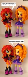Size: 737x1965 | Tagged: safe, artist:whatthehell!?, edit, adagio dazzle, sunset shimmer, equestria girls, g4, my little pony equestria girls: rainbow rocks, boots, clothes, doll, equestria girls minis, female, funny, irl, lesbian, merchandise, parody, photo, ship:sunsagio, shipping, shoes, spanish, toy