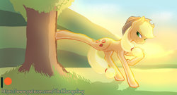 Size: 1280x689 | Tagged: safe, artist:thatonegib, applejack, earth pony, pony, g4, applebucking, daily sketch, female, looking at something, scenery, smiling, solo, sunset, tree