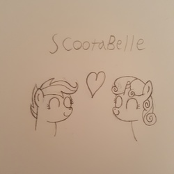 Size: 1836x1836 | Tagged: safe, artist:pony_brony_art, scootaloo, sweetie belle, pegasus, pony, unicorn, g4, duo, eyes closed, female, filly, heart, lesbian, love, monochrome, paper, pencil, pencil drawing, ship:scootabelle, shipping, smiling, traditional art