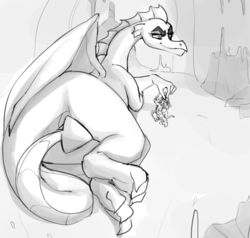 Size: 1135x1079 | Tagged: safe, artist:dotkwa, garble, oc, oc:caldera, dragon, g4, female, grayscale, milf, monochrome, smiling, strategically covered, tail censor