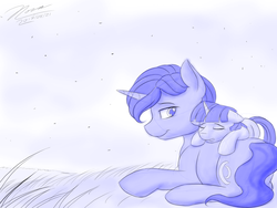 Size: 1024x768 | Tagged: safe, artist:novaintellus, night light, twilight sparkle, pony, unicorn, g4, atg 2017, blue, duo, father and daughter, female, filly, filly twilight sparkle, looking back, male, monochrome, newbie artist training grounds, prone, sleeping, smiling, stallion, younger