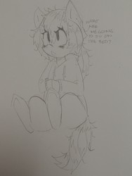 Size: 2266x3021 | Tagged: safe, artist:shpace, oc, oc only, oc:floor bored, earth pony, pony, 4chan, clothes, dialogue, female, high res, hoodie, mare, monochrome, open mouth, solo, traditional art, what are we gonna do on the bed?