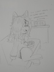 Size: 2572x3429 | Tagged: safe, artist:shpace, oc, oc only, oc:floor bored, earth pony, pony, 4chan, bowl, clock, clothes, couch, dialogue, female, grayscale, hair over one eye, high res, hoodie, looking at you, mare, monochrome, open mouth, sitting, table, traditional art
