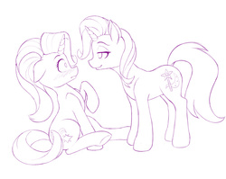 Size: 1000x795 | Tagged: safe, artist:dstears, starlight glimmer, trixie, pony, unicorn, g4, atg 2017, bedroom eyes, blushing, eye contact, female, lesbian, looking at each other, mare, monochrome, newbie artist training grounds, purple, ship:startrix, shipping, simple background, white background