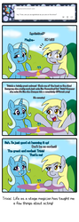 Size: 1000x2810 | Tagged: safe, artist:outofworkderpy, derpy hooves, trixie, pegasus, pony, unicorn, comic:a derpy magic show, g4, comic, duo, duo female, female, mare, modesty, outofworkderpy, table, tongue out, tumblr, tumblr comic