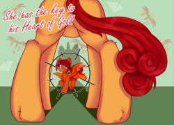 Size: 4166x3000 | Tagged: safe, artist:ruef, oc, oc only, oc:goldenfox, oc:keyframe, pegasus, pony, blushing, butt, buttcheeks, crosshair, featureless crotch, female, for your eyes only, framed by legs, goldenkey, male, movie poster, oc x oc, plot, rear view, shipping, straight, the ass was fat
