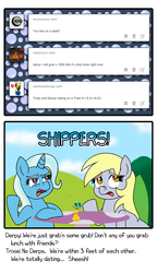 Size: 1000x1734 | Tagged: safe, artist:outofworkderpy, derpy hooves, trixie, pegasus, pony, unicorn, comic:a derpy magic show, g4, awkward, awkward moment, blushing, comic, disgusted, embarrassed, female, funny, implied shipping, lesbian, mare, outofworkderpy, shipper on deck, shipping, tripy, tumblr, tumblr comic