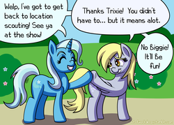 Size: 1400x1000 | Tagged: safe, artist:outofworkderpy, derpy hooves, trixie, pegasus, pony, unicorn, comic:a derpy magic show, g4, comic, duo, duo female, female, grin, hoofbump, mare, outofworkderpy, park, smiling, tumblr, tumblr comic
