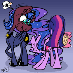 Size: 2000x2000 | Tagged: safe, artist:binkyt11, derpibooru exclusive, princess luna, twilight sparkle, alicorn, pony, g4, alternate cutie mark, angry, atg 2017, butt, cheese, ethereal mane, high res, levitation, luna is not amused, magic, newbie artist training grounds, pictogram, plot, red face, stargazing, starry mane, telekinesis, twilight sparkle (alicorn), unamused