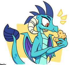 Size: 1414x1268 | Tagged: safe, artist:kemofoo, princess ember, dragon, g4, triple threat, cute, dragoness, eating, emberbetes, female, food, muffin, scene interpretation, simple background, solo