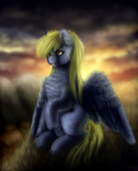 Size: 1024x1265 | Tagged: safe, artist:kittenthelonley, derpy hooves, pony, g4, bucktooth, cloud, female, fluffy, solo, sunset