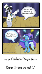 Size: 2000x3496 | Tagged: safe, artist:outofworkderpy, trixie, oc, oc:scrap paper, pony, unicorn, comic:a derpy magic show, g4, cape, clothes, comic, female, fireworks, hat, high res, magic show, mare, microphone, outofworkderpy, rearing, stage, trixie's cape, trixie's hat, tumblr, tumblr comic