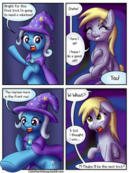 Size: 1666x2222 | Tagged: safe, artist:outofworkderpy, derpy hooves, trixie, pegasus, pony, unicorn, comic:a derpy magic show, g4, cape, clothes, comic, duo, duo female, female, hat, magic show, mare, outofworkderpy, trixie's cape, trixie's hat, tumblr, tumblr comic