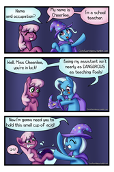 Size: 1066x1600 | Tagged: safe, artist:outofworkderpy, cheerilee, trixie, earth pony, pony, unicorn, comic:a derpy magic show, g4, bipedal, cape, clothes, comic, duo, duo female, female, funny, hat, magic show, magic trick, mare, outofworkderpy, sweat, tongue out, trixie's cape, trixie's hat, tumblr, tumblr comic
