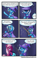 Size: 1500x2277 | Tagged: safe, artist:outofworkderpy, cheerilee, trixie, earth pony, pony, unicorn, comic:a derpy magic show, g4, cape, clothes, comic, facehoof, female, fishing rod, funny, hat, magic show, magic trick, mare, outofworkderpy, tongue out, trixie's cape, trixie's hat, tumblr, tumblr comic