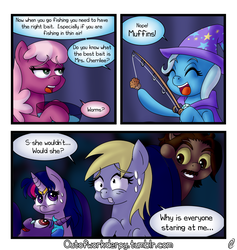 Size: 1000x1054 | Tagged: safe, artist:outofworkderpy, cheerilee, derpy hooves, trixie, oc, oc:edgar allen poeny, oc:flare flash, oc:sailor magic, earth pony, pegasus, pony, unicorn, comic:a derpy magic show, g4, cape, clothes, comic, female, fishing rod, food, funny, hat, magic show, magic trick, mare, muffin, outofworkderpy, sweat, trixie's cape, trixie's hat, tumblr, tumblr comic